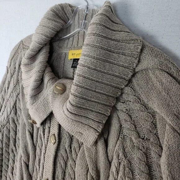 ST. JOHN Wool Blend Sweater Cardigan Fringe Soft Cable Knit Taupe Gray size M - Picture 14 of 15